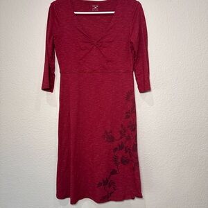 Horny Toad Organic Cotton Red Long Sleeve Dress with Floral Accents Small
